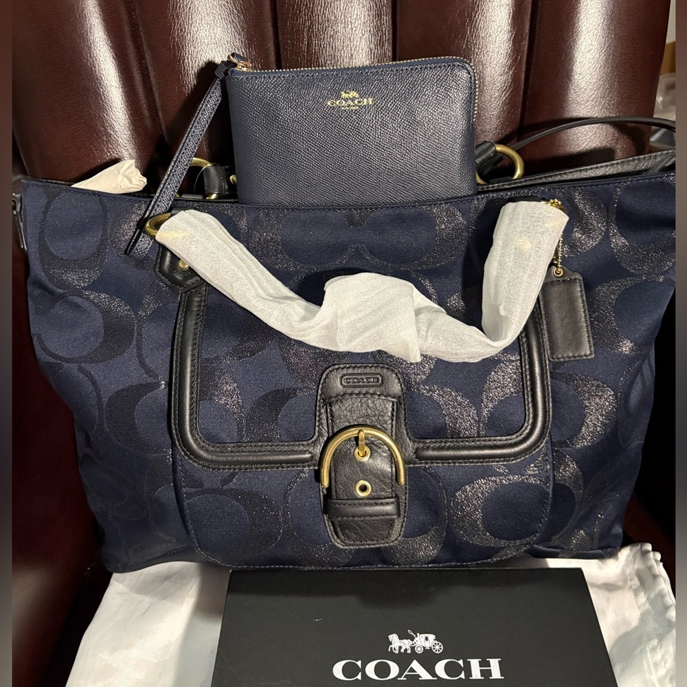 NWT 2013 Coach Campbell Sig Metallic Izzy Satchel (F26241) & Leather Wristlet